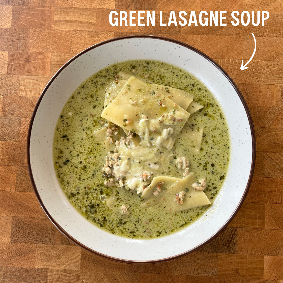 Green Lasagna soup in a bowl made with JUX thyme