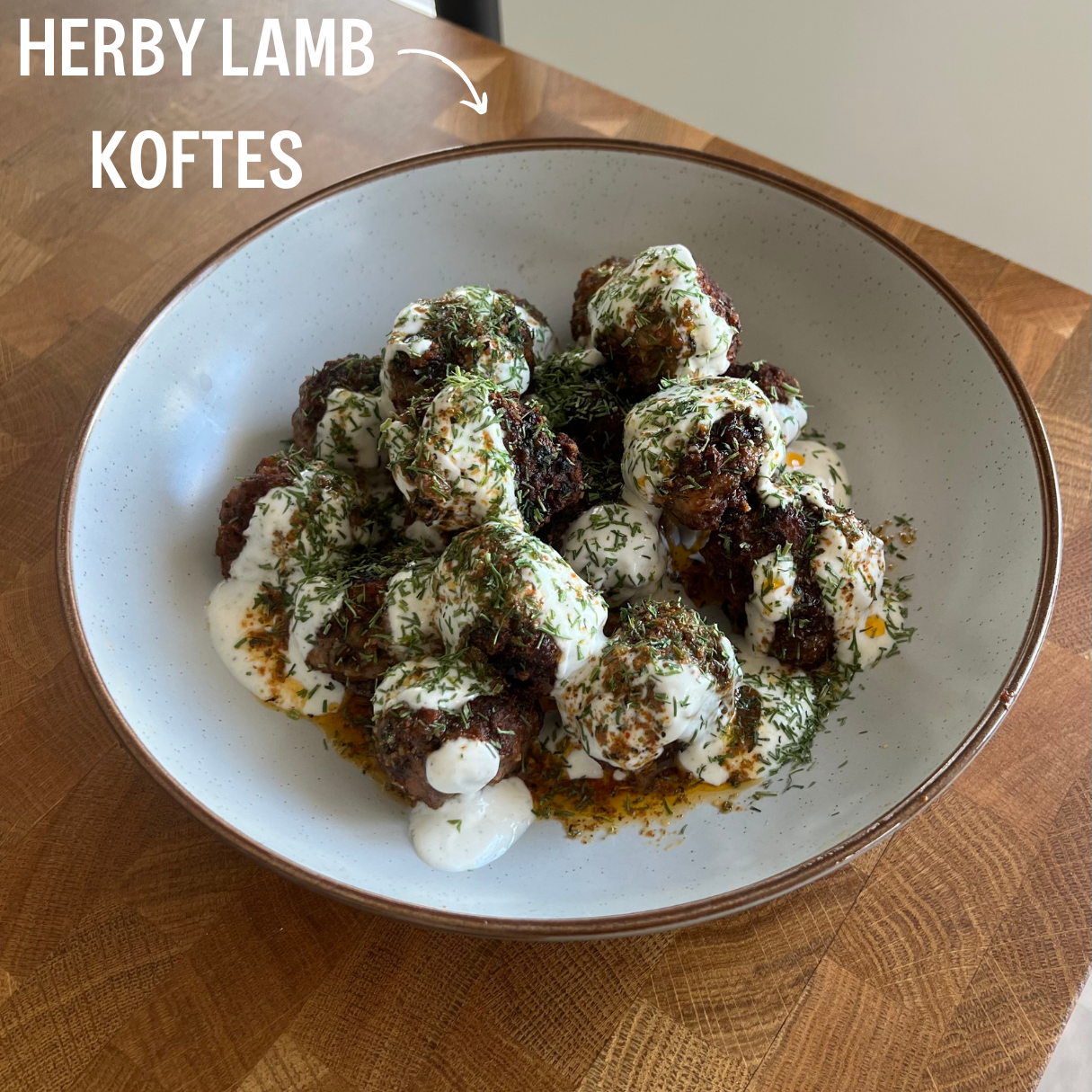 Herby lamb koftes on a plate made with JUX dill