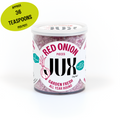 Jar of freeze-dried chopped red onion pieces against a white background