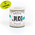 Jar of chopped freeze-dried garlic pieces with 'JUX' branding on a white background