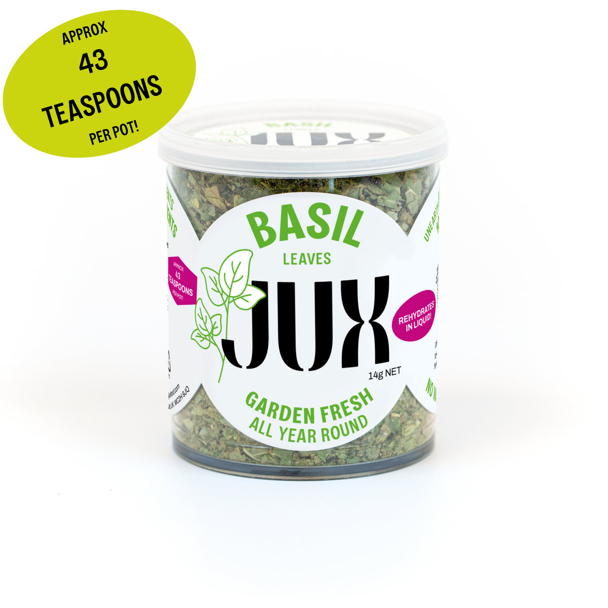 Jar of JUX chopped freeze-dried basil leaves against a white background