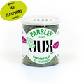 Jar of JUX freeze-dried chopped parsley leaves againsta a white background