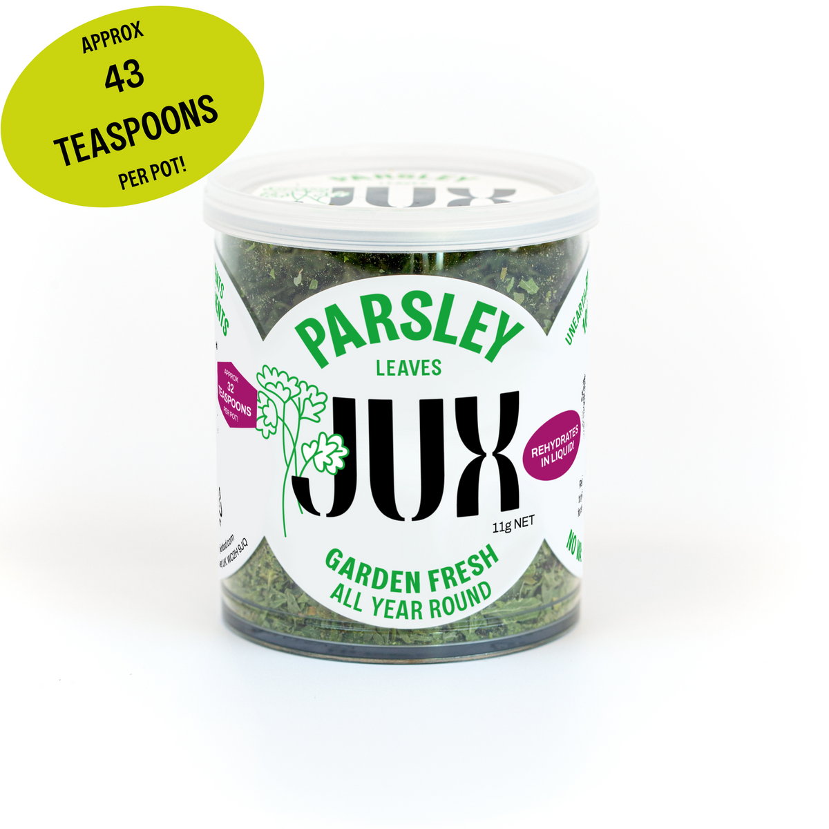 Jar of JUX freeze-dried chopped parsley leaves againsta a white background
