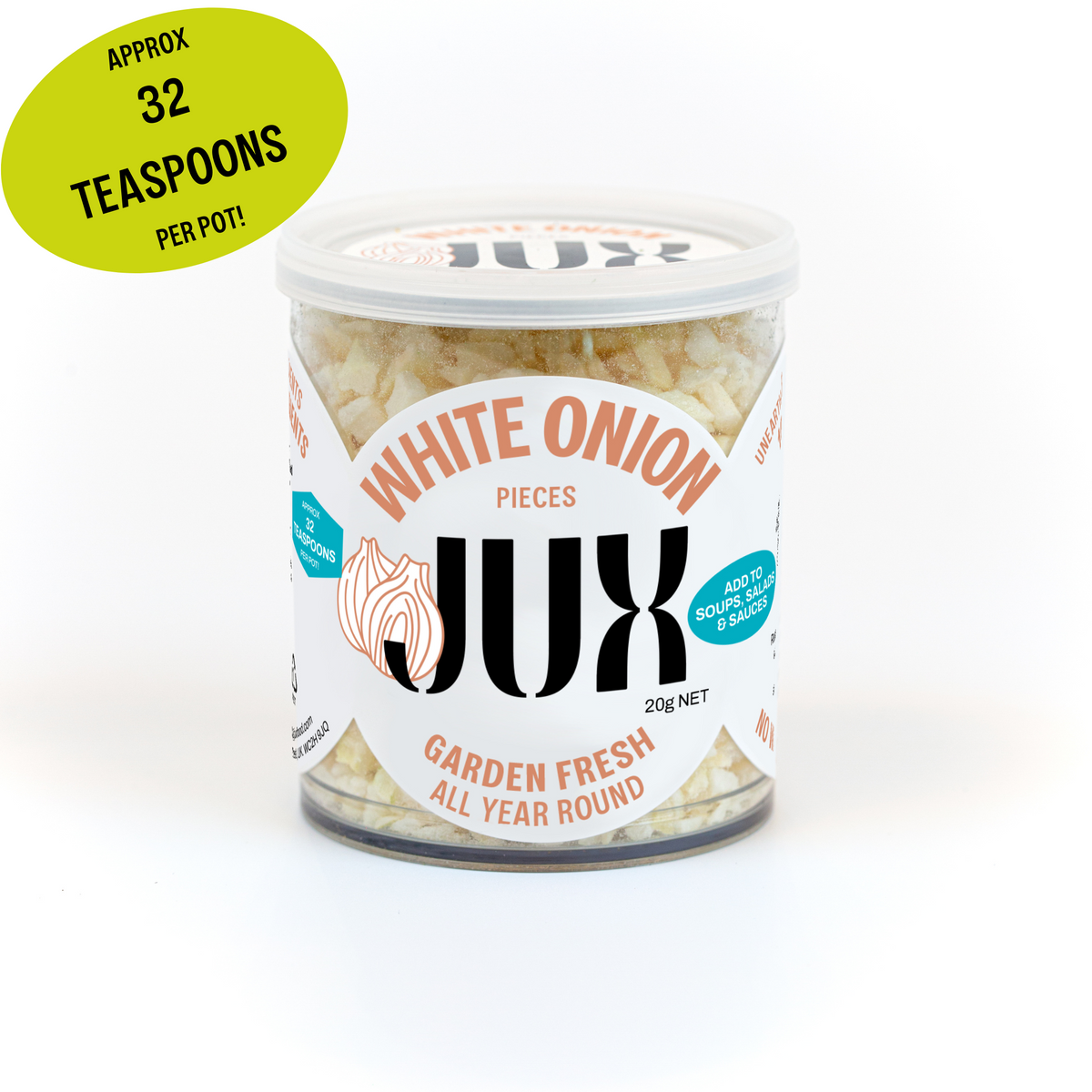 Jar of JUX freeze-dried chopped white onion on a white background