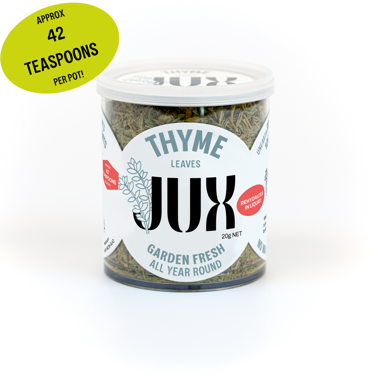 Jar of JUX freeze-dried chopped thyme leaves on a white background