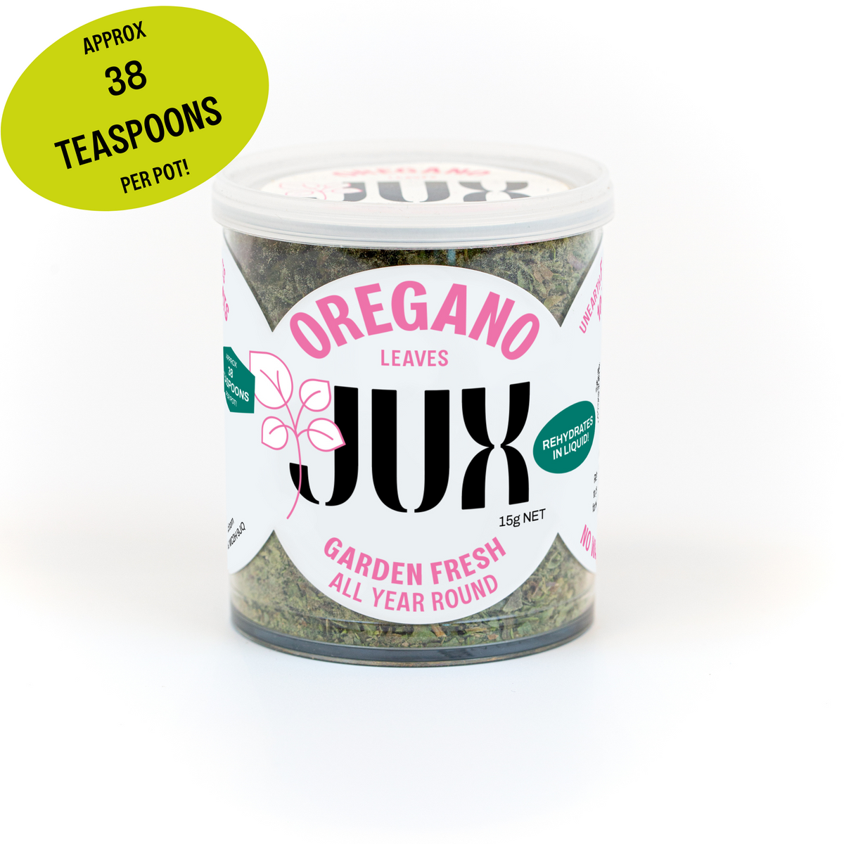 Jar of freeze-dried JUX oregano leaves against a white background