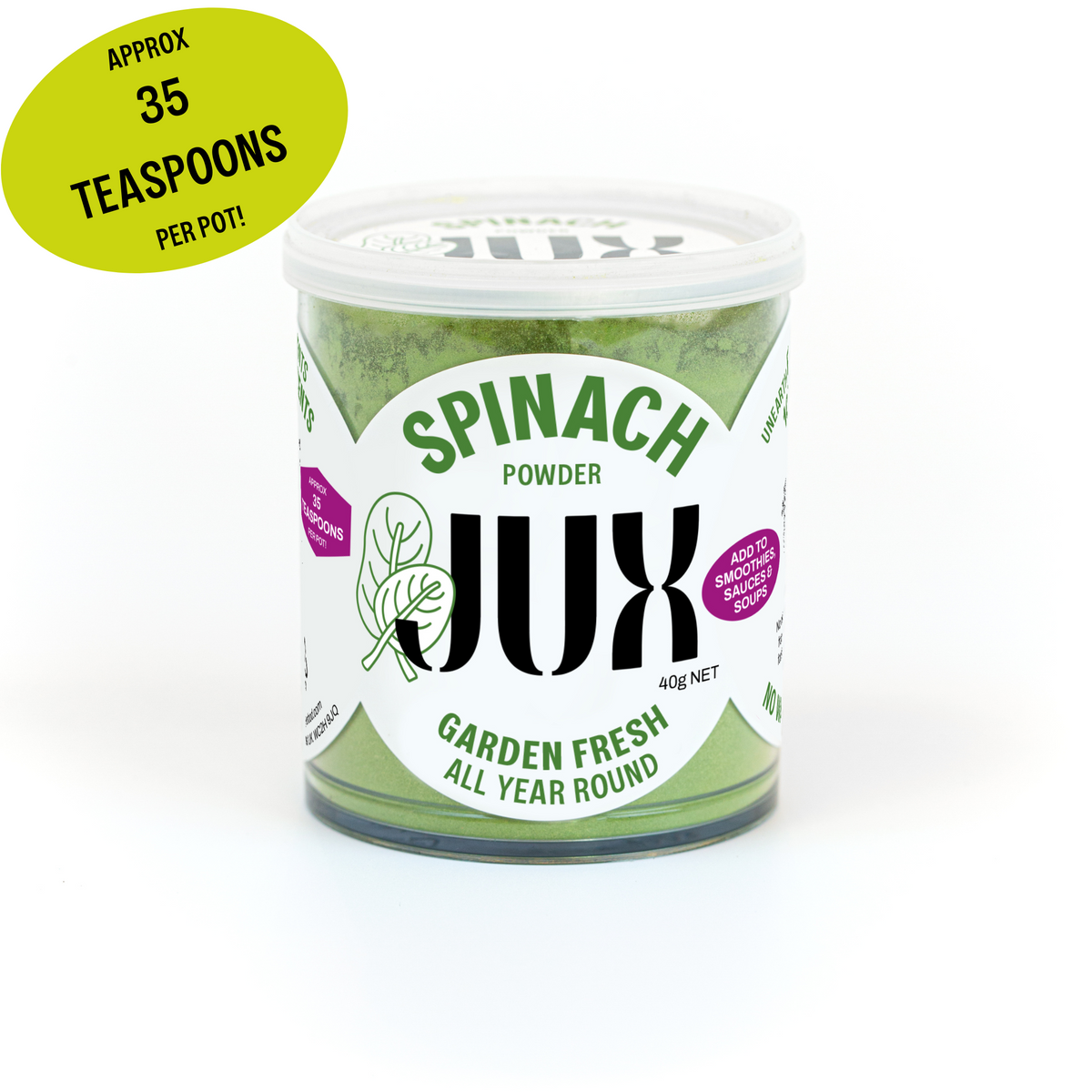 Jar of JUX chopped spinach powder on a white background