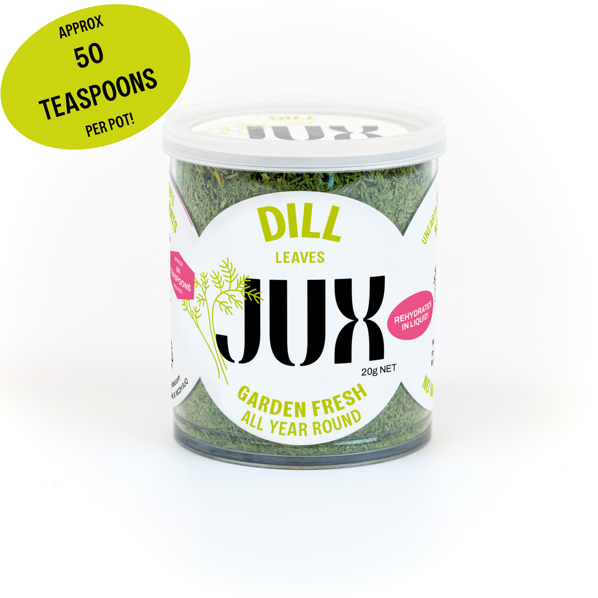 Jar of JUX freeze-dried chopped dill leaves against a white background