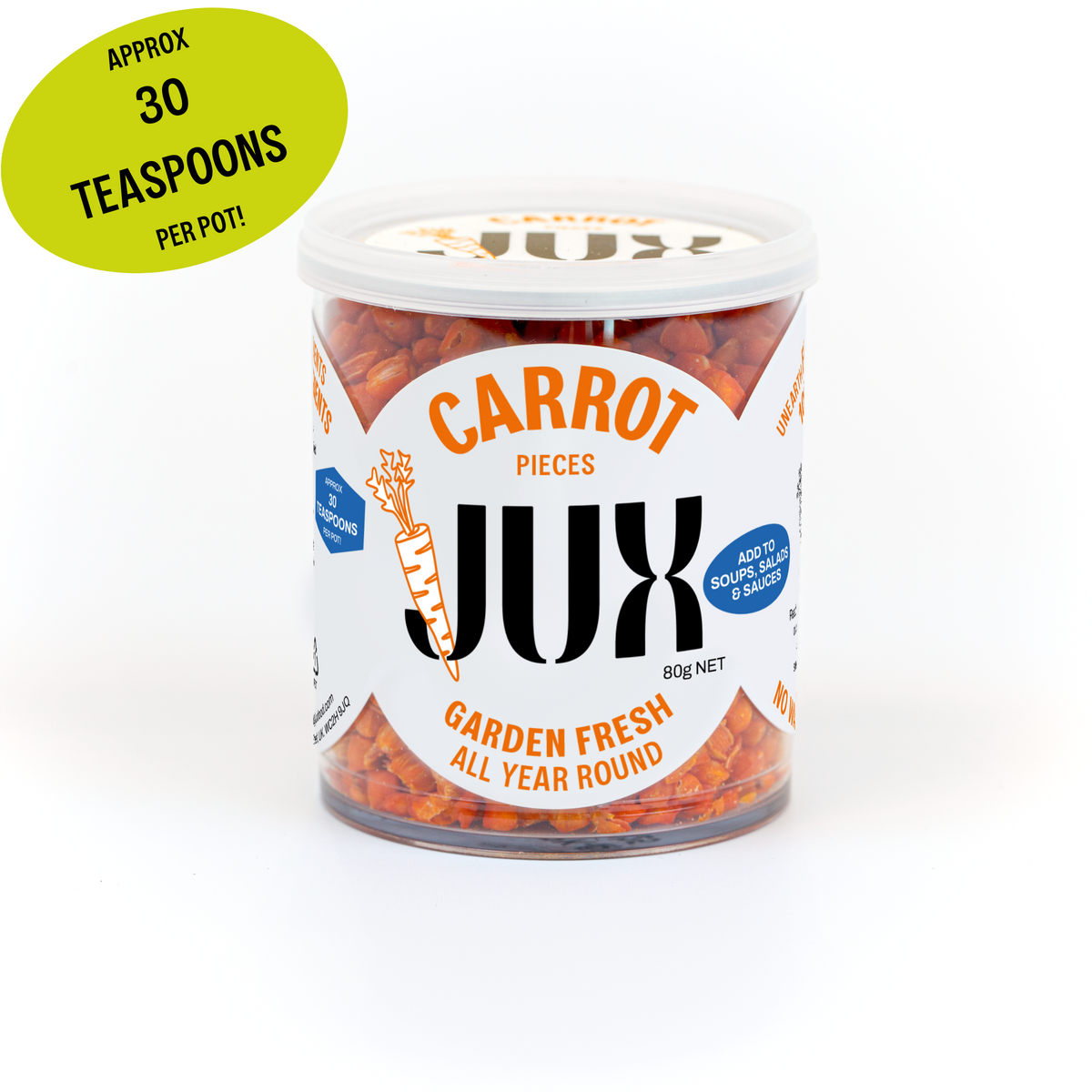 Jar of JUX freeze-dried chopped carrot pieces on a white background