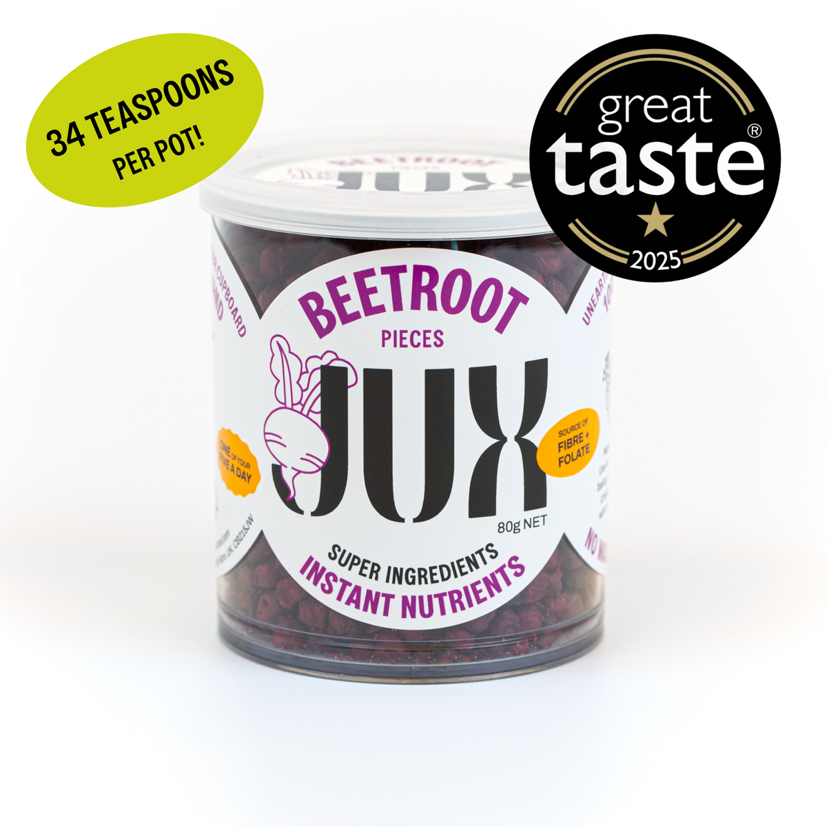 Jar of JUX freeze-dried choppped Beetroot with its 'Great Taste' award badge showing against a white background
