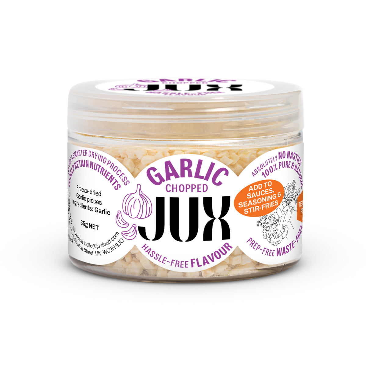 Smaller stackable pot of JUX freeze-dried chopped Garlic pieces