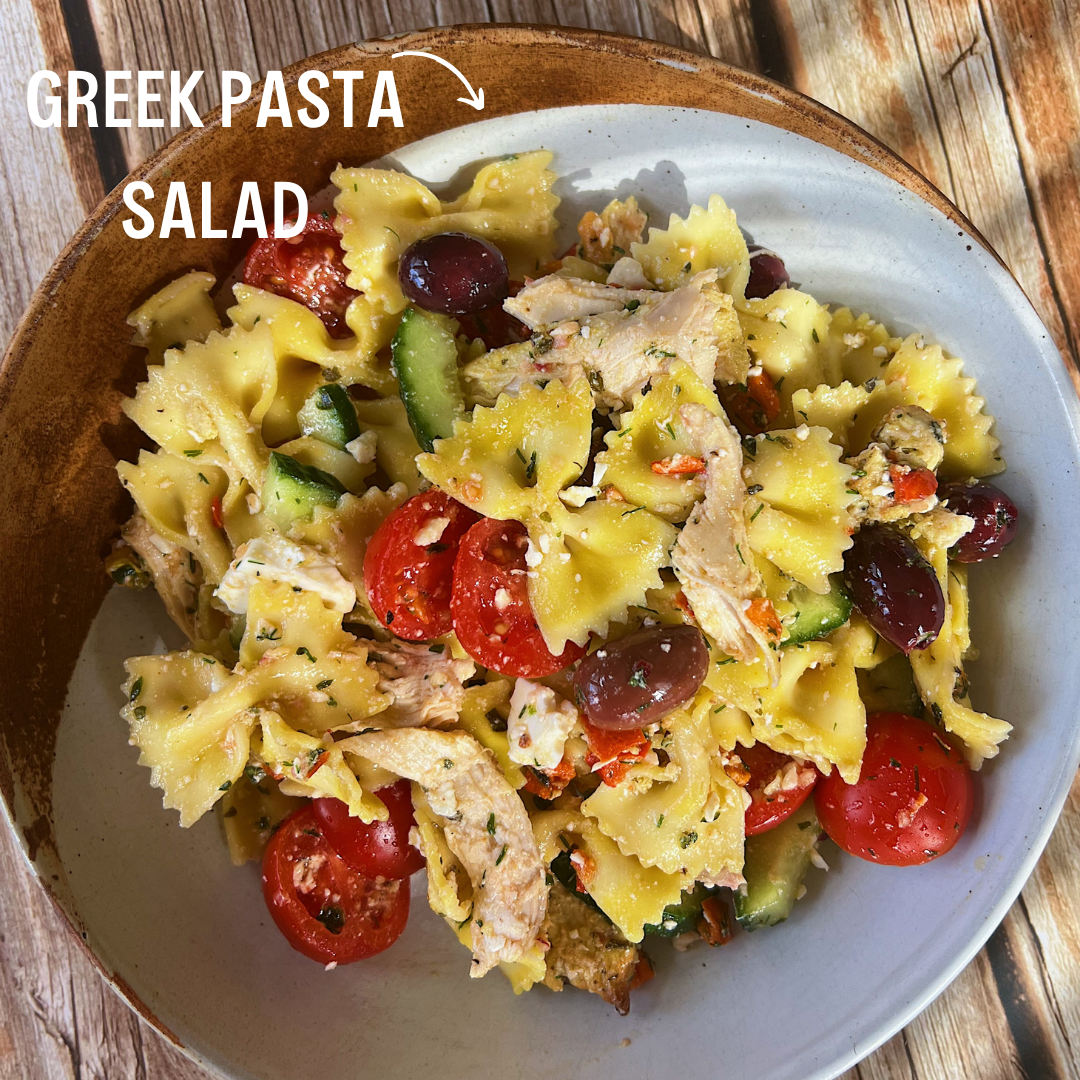 Greek pasta salad made using JUX freeze-dried chopped Garlic pieces