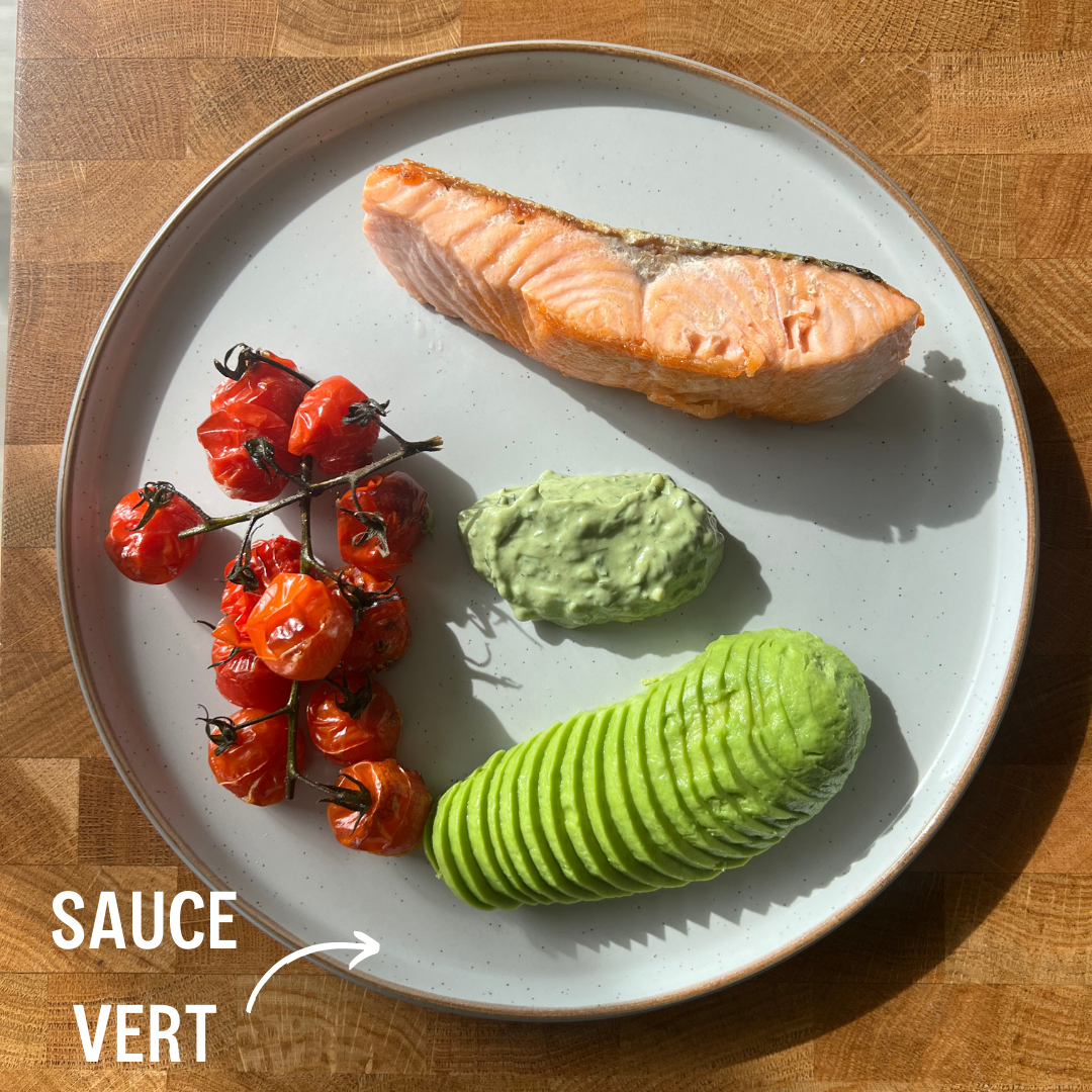 Green Sauce Vert made with Spinach Powder served next to seared salmon and roasted tomatoes