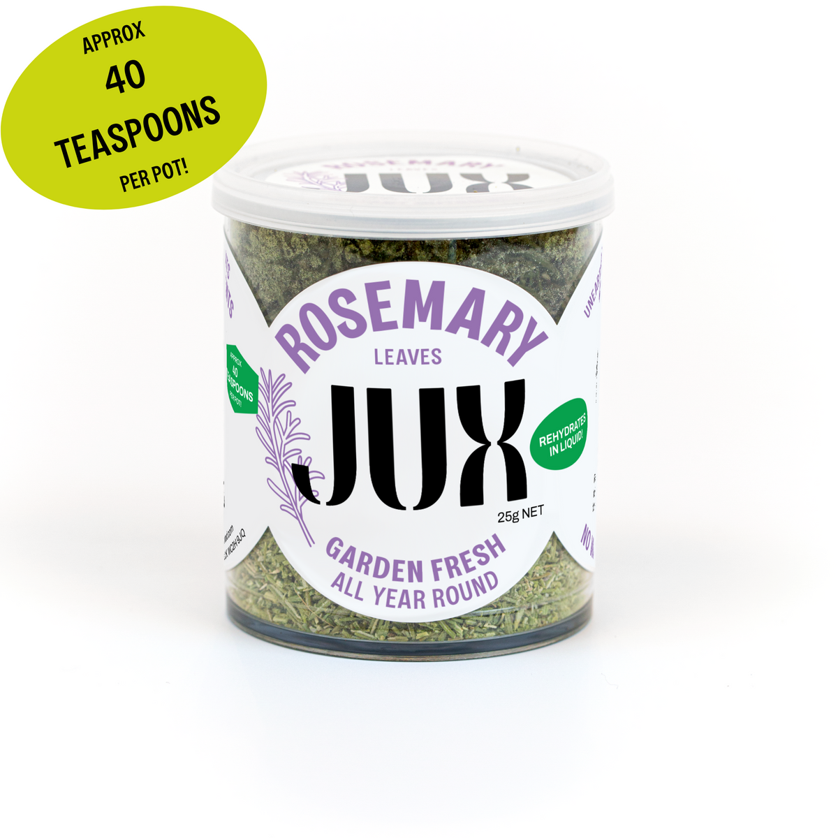 Jar of JUX freeze-dried chopped rosemary leaves on a white background