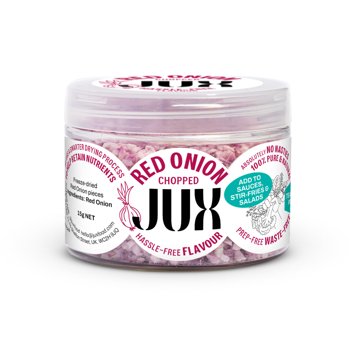 Smaller stackable jar of JUX freeze-dried chopped red onion against a white background