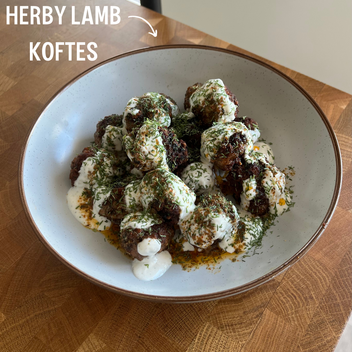 Herby lamb koftes on a plate made with JUX dill