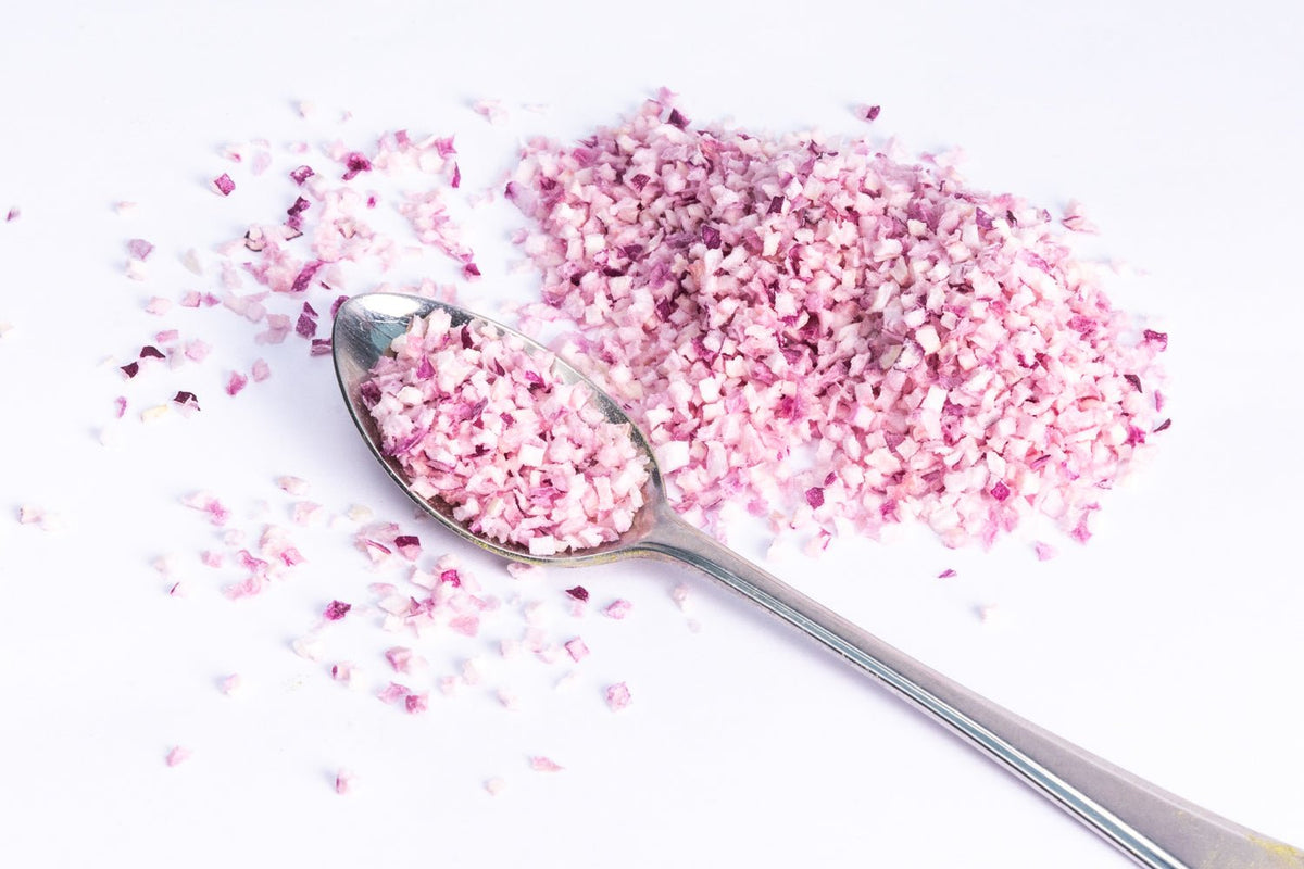 JUX chopped freeze-dried Red Onion on a teaspoon